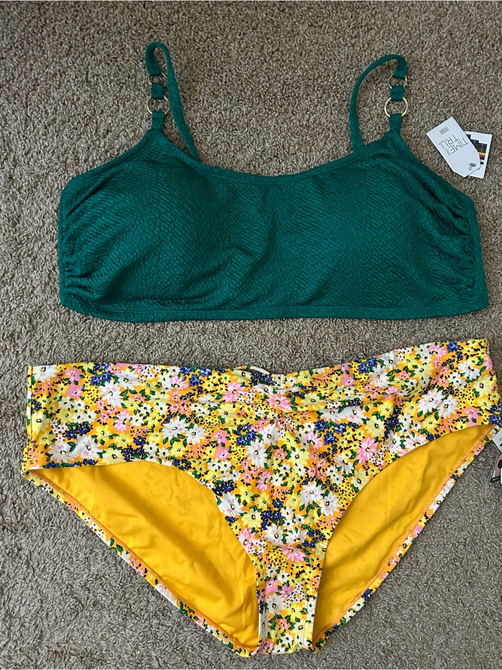 Time & Tru 3X Green Textured Bikini Top Yellow Floral Bikini Bottom Swim Beach